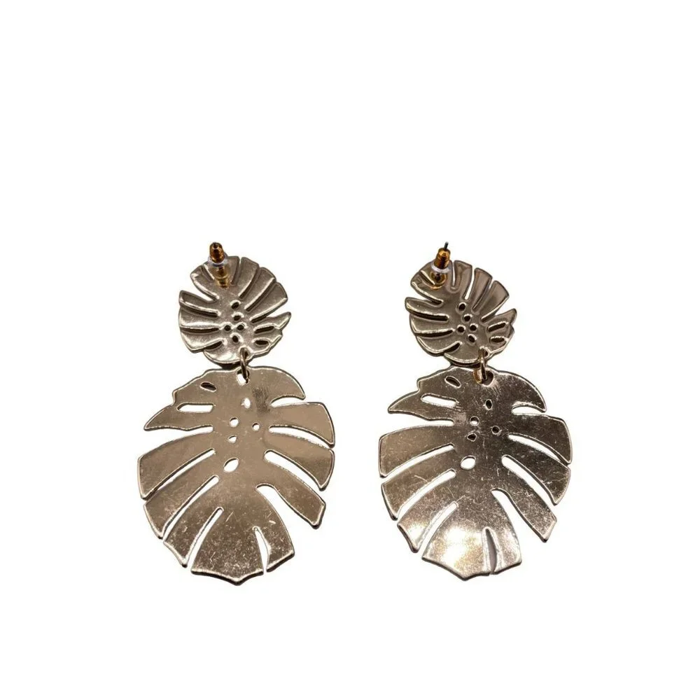 Palm Leaf Dangle Drop Earrings Gold Tone